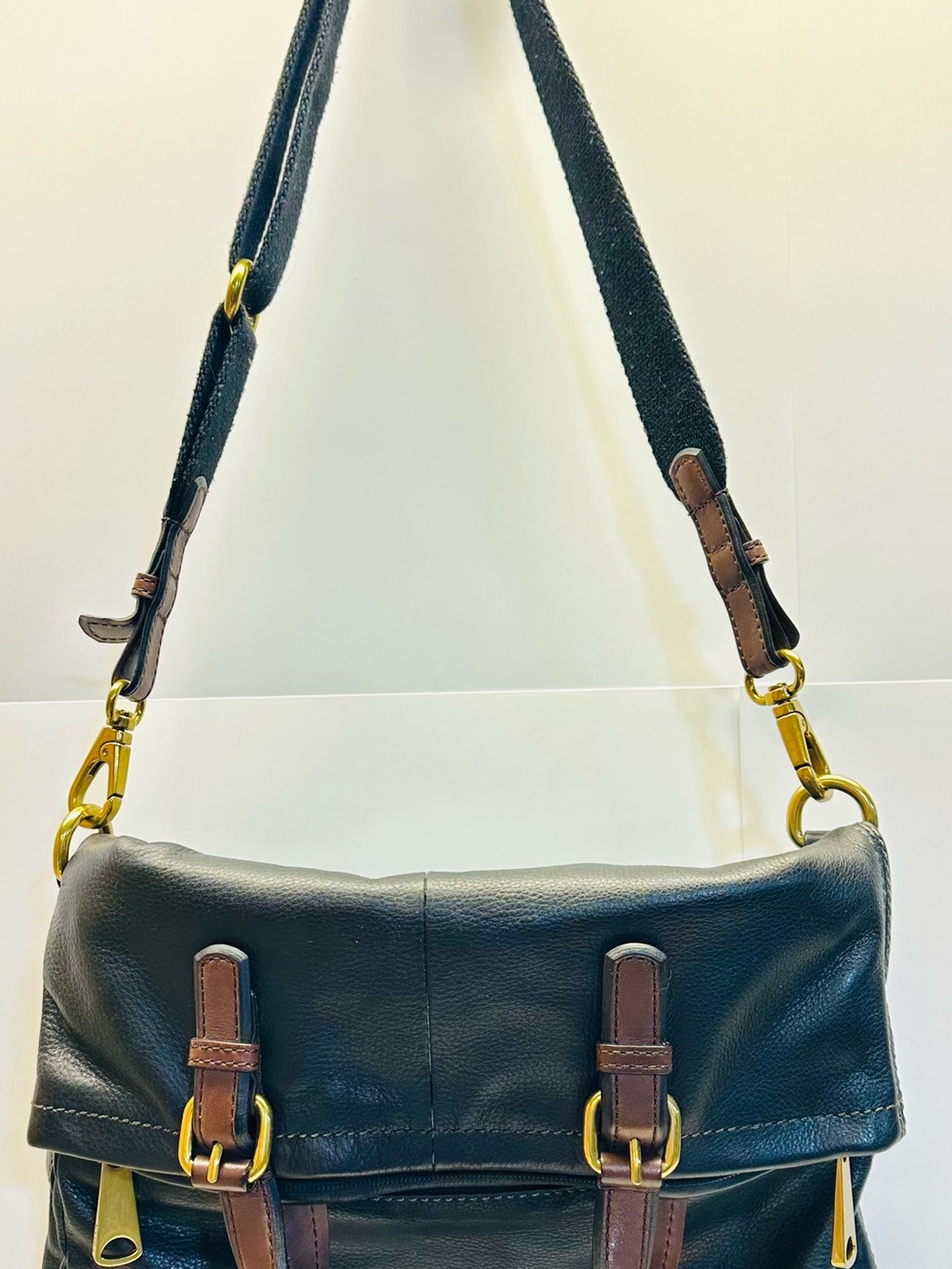 Fossil Black Leather Fold Over Crossbody Tote Bag Convertible Purse